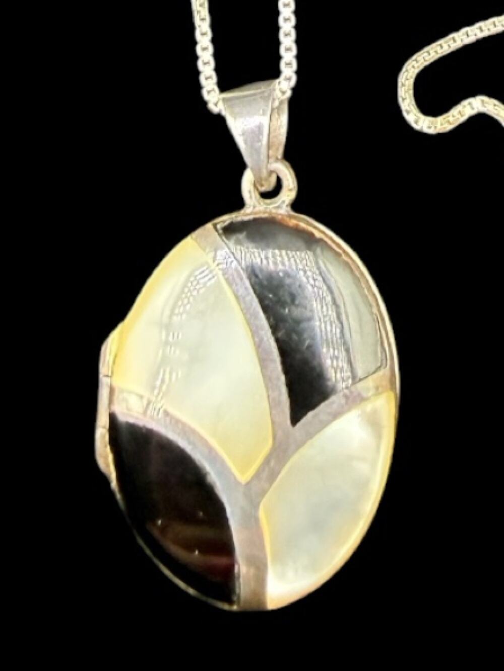 Sterling Silver Modernist Locket Pendant Necklace MOP and Onyx Inlay